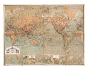 Map of the World - Antique World Map - Vintage Art Print - Wall Decor - Restoration Map - Old Maps and Prints - Art Giclee - German Map