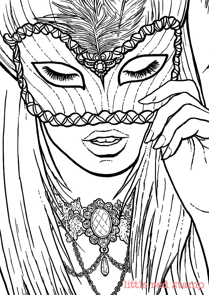 Mysterious Lady with a Mask Printable line art by LittleRedStamp