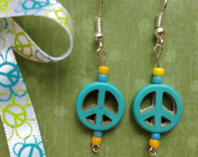 Peace sign earrings-hippie jewelry-turquoise blue and yellow-kids Clip on earrings-Teen dangles-Gifts for tween-womens bohemian gifts-silver
