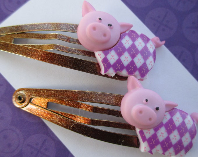 Pig barrettes-farm Animal hair clips-childrens clip on earrings-purple pig studs-young girls-little girls-cute toddler hair clips-snap clips