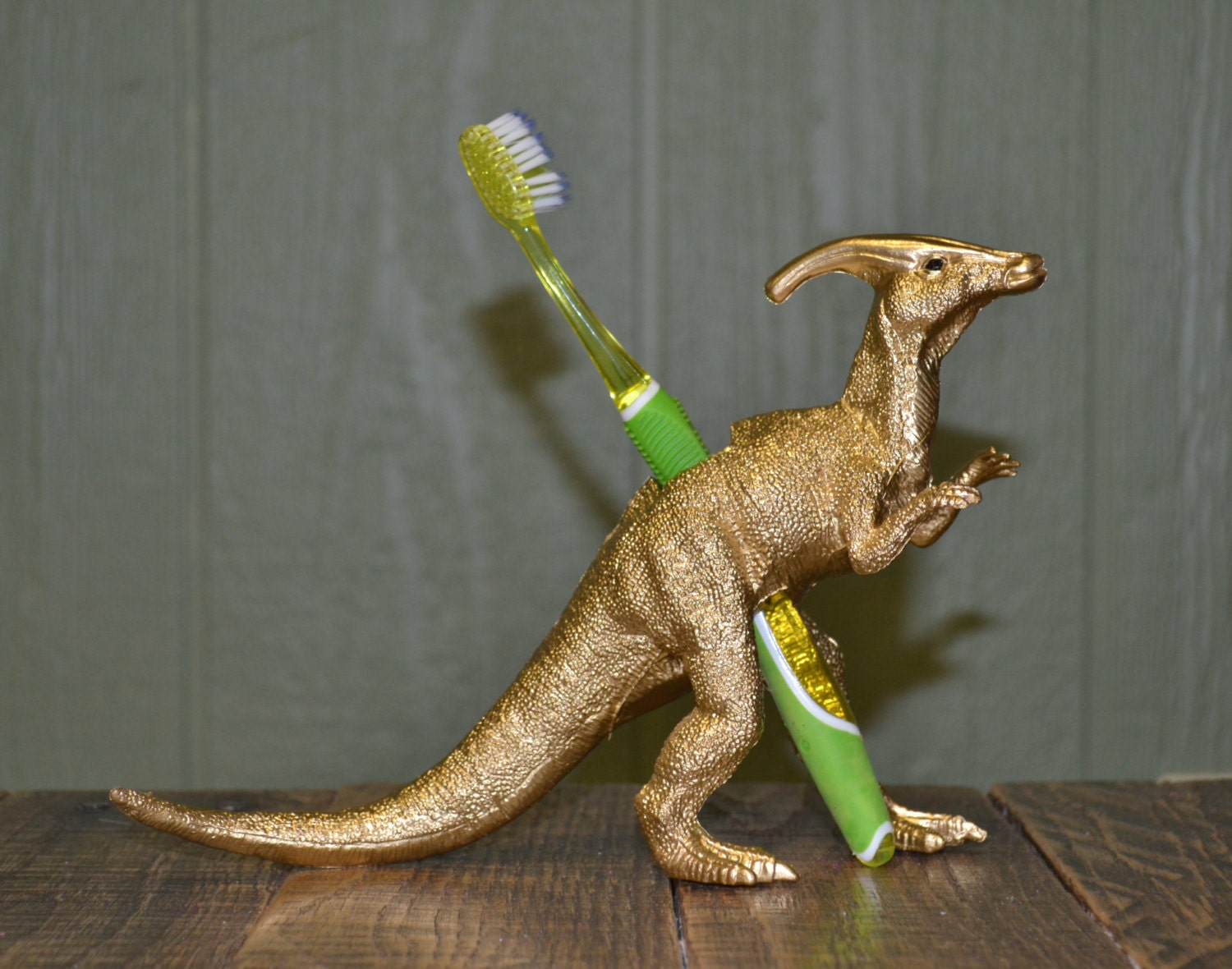Dinosaur Toothbrush Holder Gold Parasaurolophus bathroom