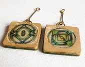 Rustic pendant beads - Square pendant charm, 2 Polymer tile beads, Green & yellow, Art Nouveau style, Ancient ethnic, Large tribal beads