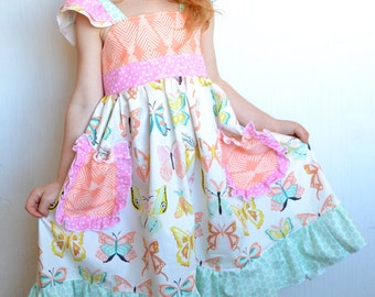 Girls Butterfly Dress, Fancy Tea Party Dress, Baby Girl Dress, Toddler Twirl Dress, Spring Dress, Flutter Sleeves, Girls Summer Dress