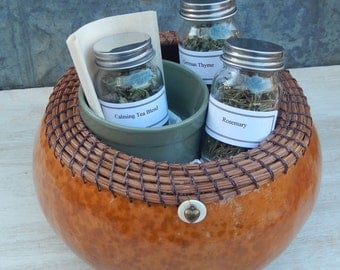 Herbal Gift Basket - Handmade Gourd Basket Container with Organic Herbs, Herbal Tea, Teabags, and Cup