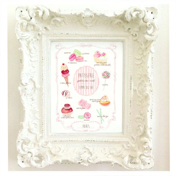 Kitchen art print, French wall decor, cupcake art, Illustration