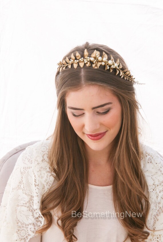 Leaf Headband Golden Leaf and Champagne Pearl Headband Woodland Leaf Wedding Hair Accessory Gold Wedding Headband Headband for Adults