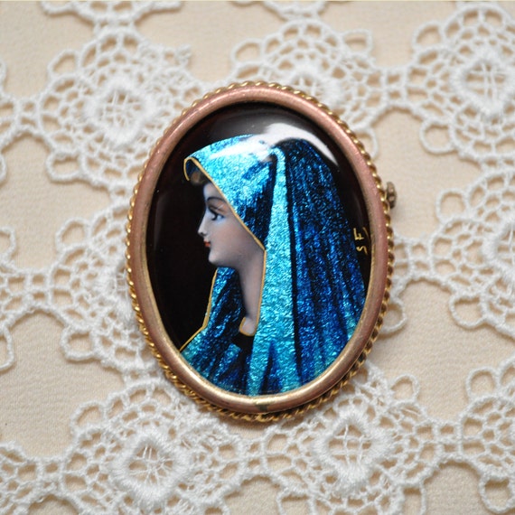 Vintage Hand Painted Enamel and Foil Brooch Mother Mary Made