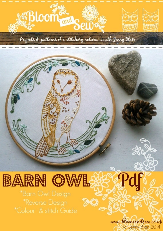 Barn Owl embroidery pattern pdf wall art by jennyblairart