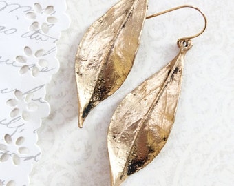 Long Gold Leaf Earrings Woodland Jewellery Nature Inspired Modern Leaf Dangle Earrings Everyday Womens Jewelry Just for Her Gold Wedding