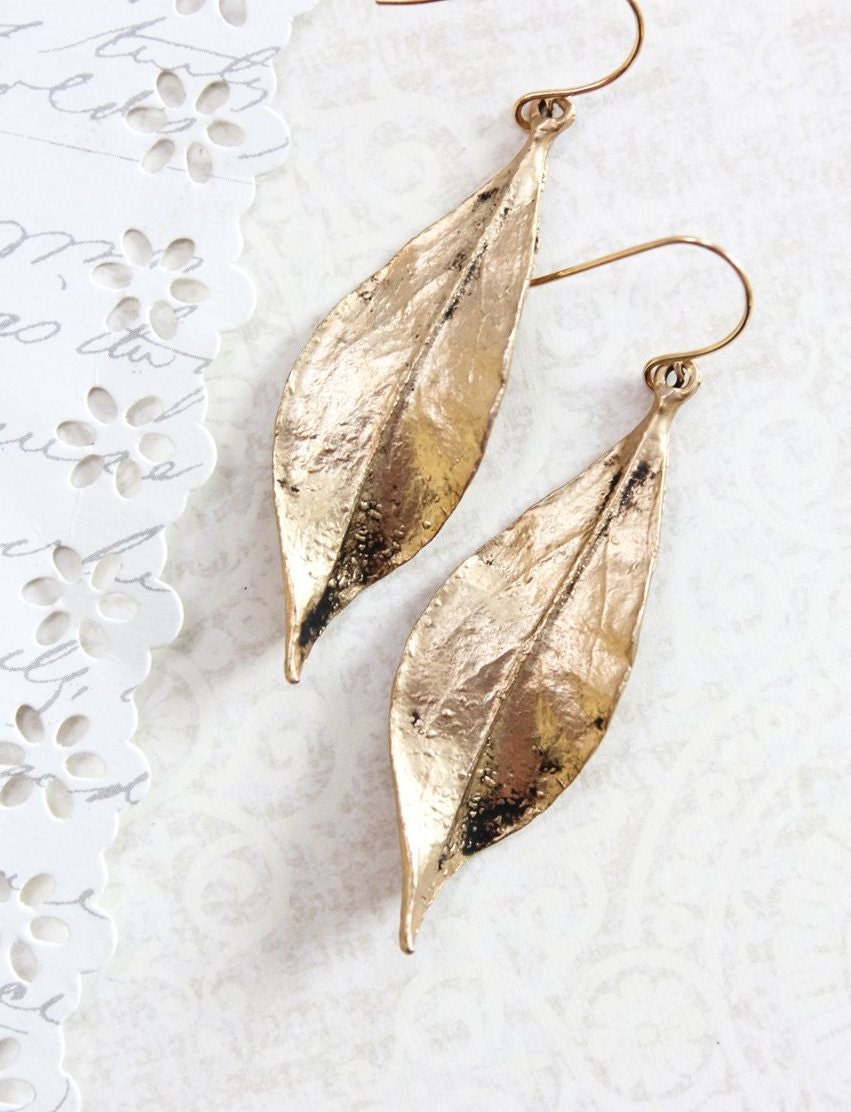 Long Gold Leaf Earrings Woodland Jewellery Nature Inspired