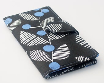 Womens Wallet, Vegan Bifold Clutch, Modern Floral, Charcoal Grey and Periwinkle
