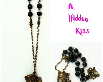 Second Star Right - Peter Pan Thimble and Acorn Necklace Hidden Kisses Peter Pan and Wendy Brass and Black