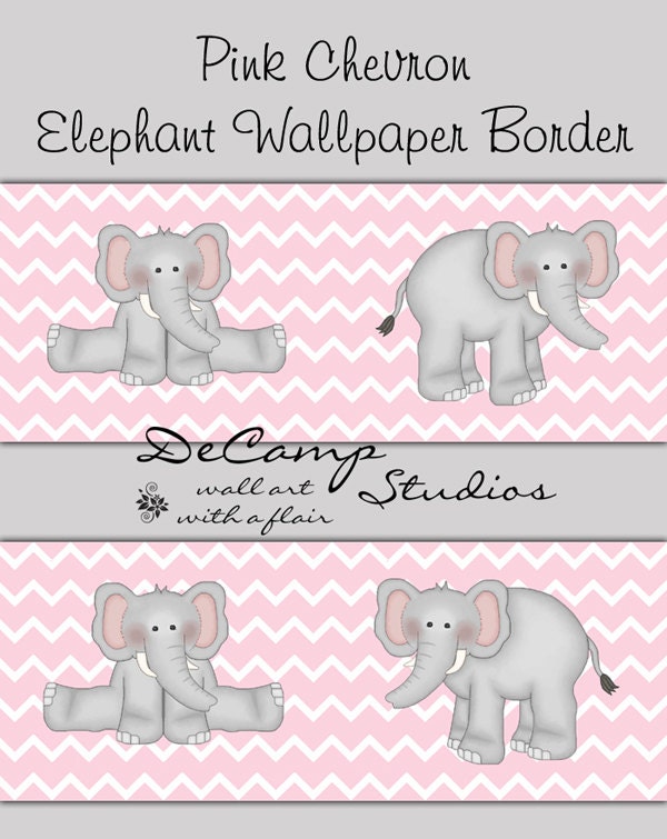 PINK GREY CHEVRON Elephant Wallpaper Border Wall Decals Girls