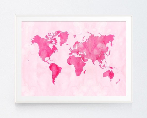 Items similar to Pink Watercolor World Map, World Map Poster, World Map ...