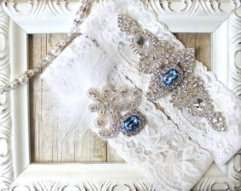 BEST SELLER Wedding Garter, Bridal Garter, Wedding Garter Set, Lace Bridal Garter Set, Ivory Bridal Garter Belt, Gemstone garter, Wedding