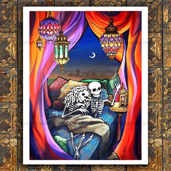 Romantic Day of the Dead Art Skeleton Couple Gift. Gothic Love