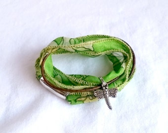 Silk Wrap Bracelet, Boho Chic, Sari Silk Ribbon, Leather Bracelet, Wrap Bracelet, Charm Bracelet, Boot Bracelet, Green Bracelet, Gypsy Style