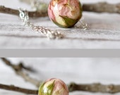 Real Light Pink Rosebud Resin Sphere Pendant Necklace -  Pressed Flower Resin Jewelry - Rosebud Resin Ball - Real Rose Necklace