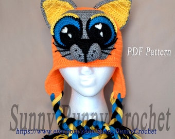 Animal Hat Pattern, Crochet Hat Pattern, Cat with Big Eyes Pattern, Children Spring Hat, Earflaps, Cat ears, girl, kids, adult, baby