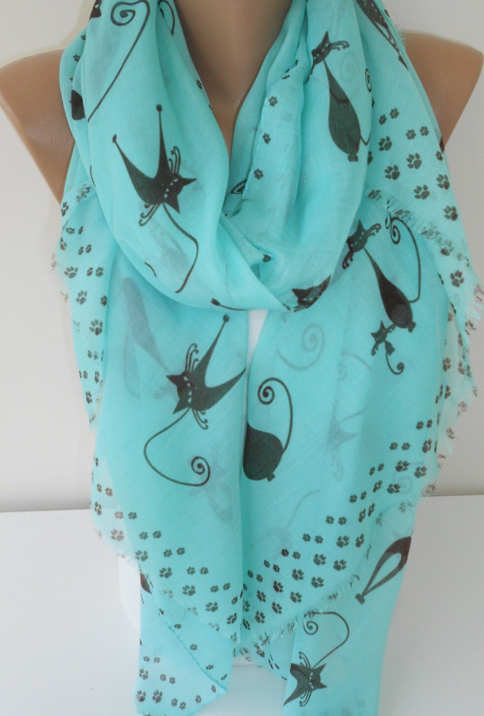 Cat Scarf Soft Cotton Scarf Aqua Mint Scarf Lightweight Scarf