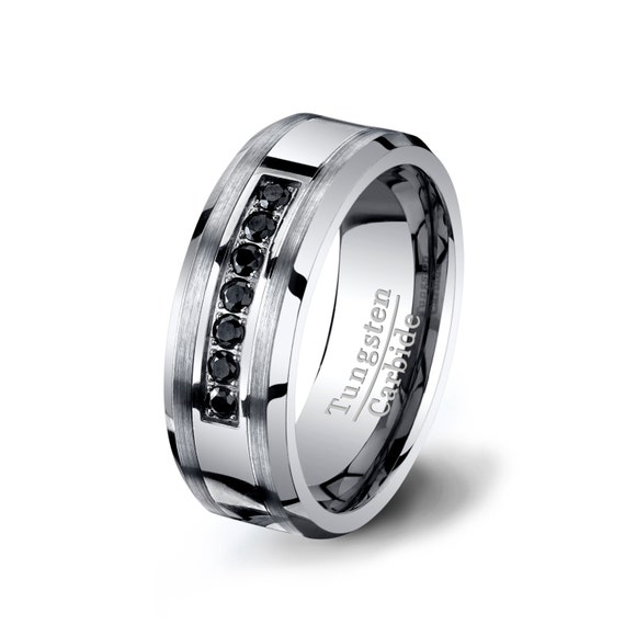 ... Black Diamond Tungsten Ring HIGH END Mens Wedding Band Beveled Edge