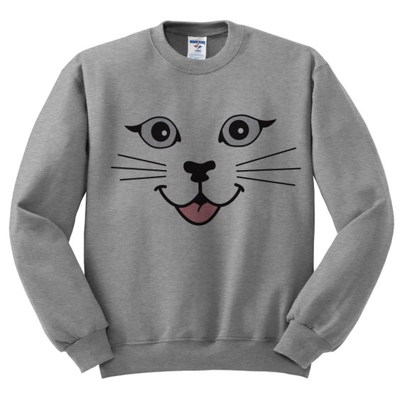 Items similar to Grey Crewneck - Cat Face - Cat Sweater Jumper Pullover ...