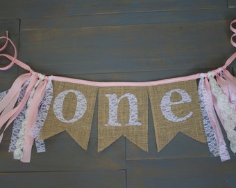 One First Birthday Party Decorations Lace Burlap Bunting Banner Sign with Pink Trim, for Cake Smash Highchair Decoration, or Photo Prop