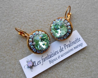Boucles d'oreilles rondes strass et cabochons en cristal chrysolite, bijoux de mariées, accessoires mariage - Bridesmaids crystal earrings