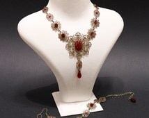 Tudor Jewelry set - Medieval, Renaissance Historic costume jewelry with blood red Swarovski crystals, red agate - Victorian Gothic Jewelry
