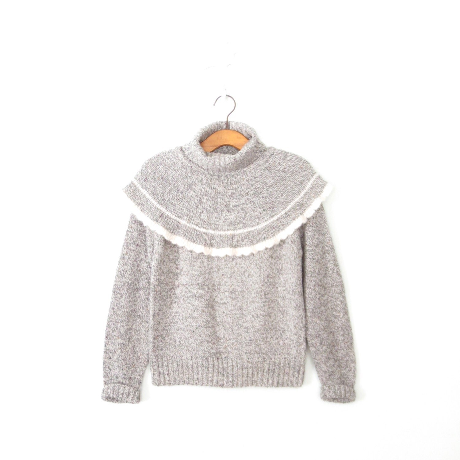 Vintage Turtleneck Sweater Ruffle Yoke 80s Sweater Grey
