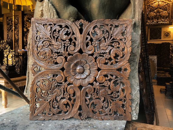 Wood Wall Hanging. Hand Carved Teak Wall Art Decor. Relief Carving. Perfect for Dinning Room & Bedroom (60x60 cm. Dark brown)