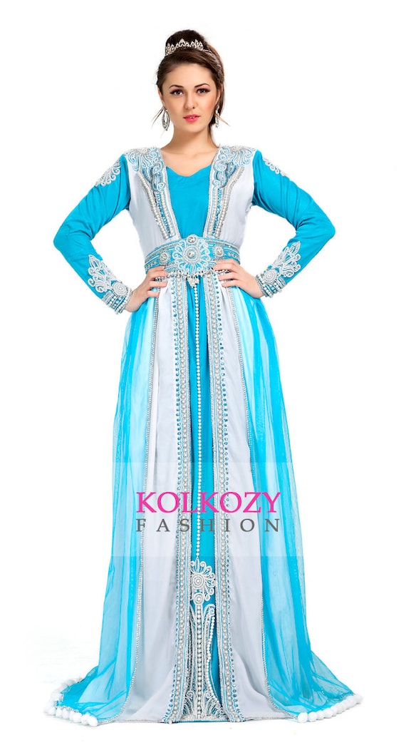 Designer Moroccan Kaftan Blue & White Moroccan by KolkozyShop