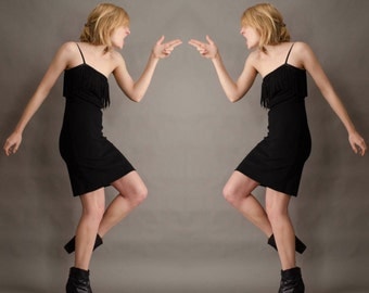Fringe 70's Body Con Vintage Little Black Dress Minimalist VTG Jonathan Logan Union Made Disco Asymmetrical Off The shoulder Small S XS