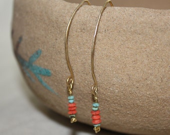 turquoise earrings coral earrings dangle earrings unique earrings earthy earrings simple earrings delicate earrings boho earrings everyday