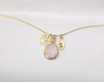 Lotus flower necklace,Leaf initial,personalized,Pink crystal pendant necklace,Initial, light pink