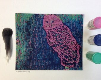 Pop Art. Barn Owl Art Print. Vibrant Pink and Greens. 8x9. Modern Bird Art. Nature Art. Hedwig Owl Art. Steampunk Unique Gift. Cool Gift