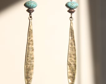 Boho Turquoise Earrings Brass Drop Earrings Bohemian Earrings Dangle Textured Earrings Jewelry Long Light Gift For Her Gift Ideas