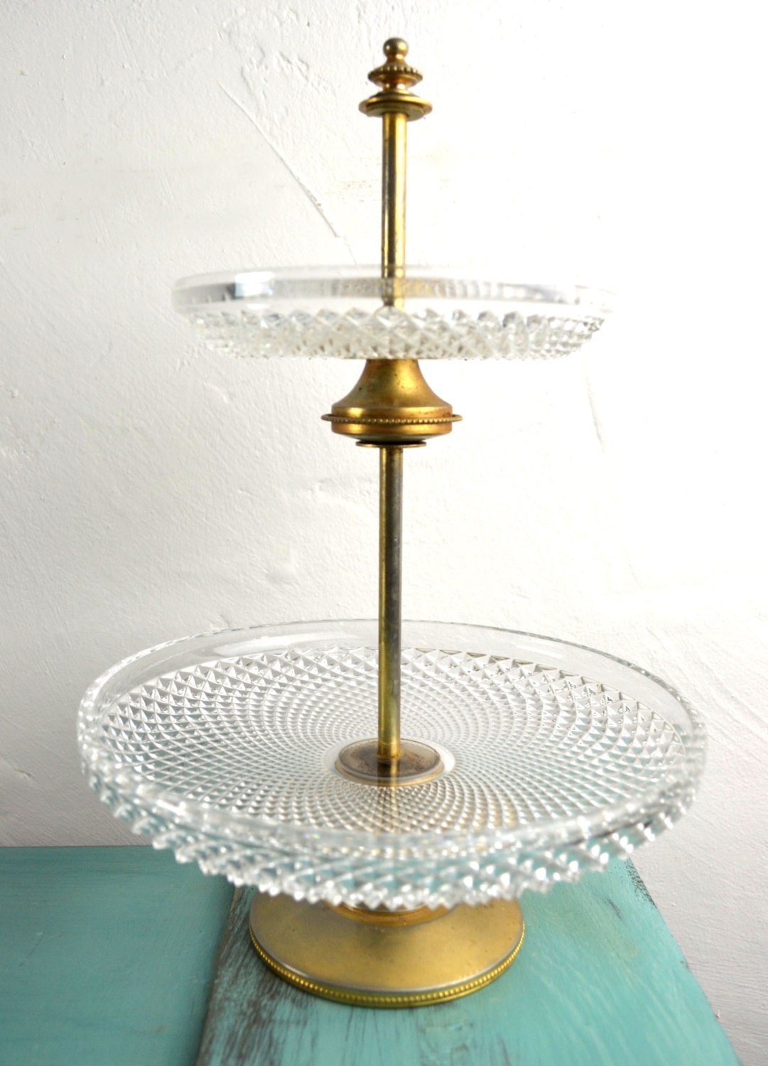 Antique French 2 Tier Cut Glass & Brass Cake Stand Vintage