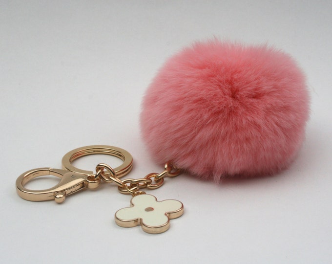 Peach-Pink REX Rabbit fur pom pom ball with black flower keychain from Pom-Perfect™ collection