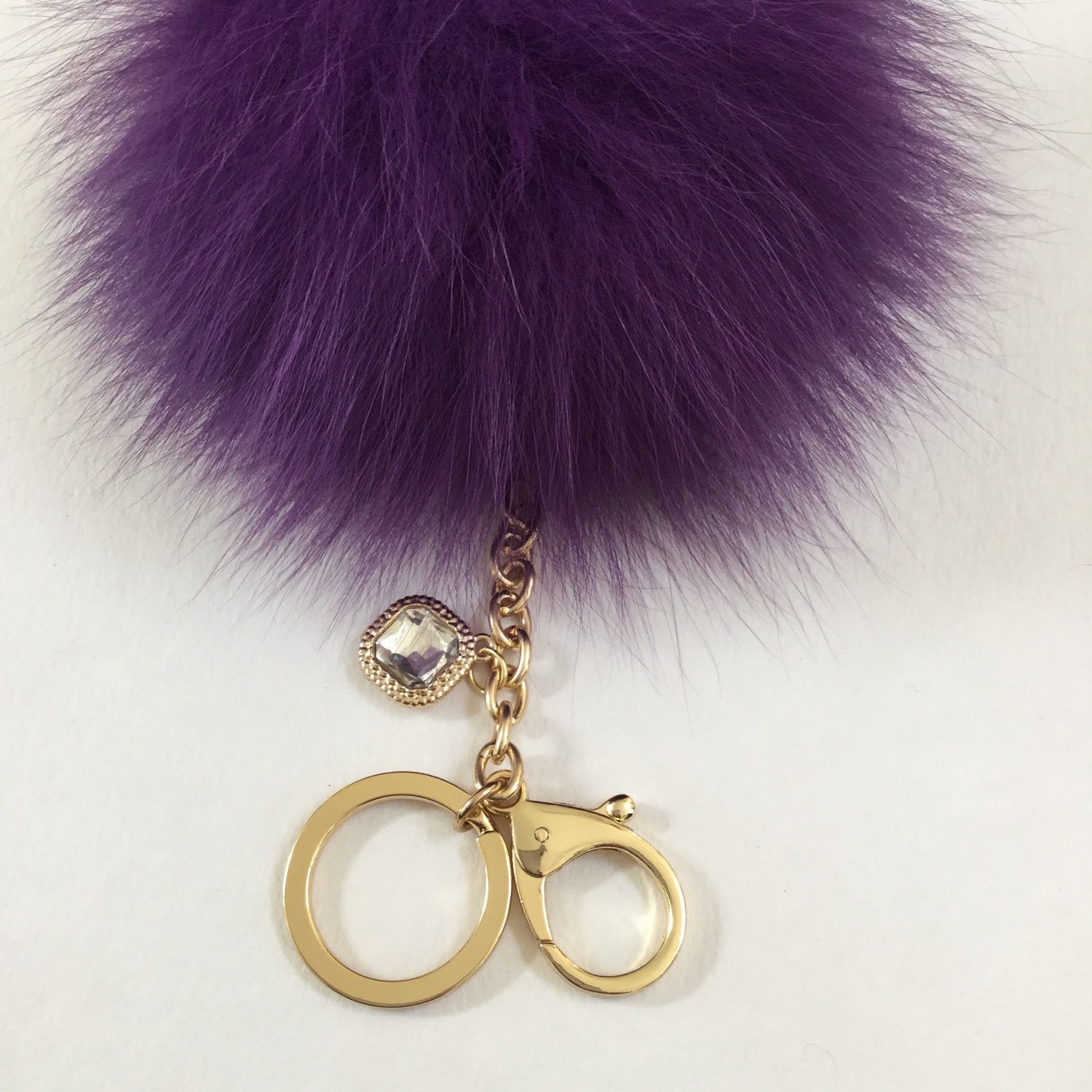 Deep Purple Fox Fur Pom Pom keychain ball luxury bag pendant with clear ...