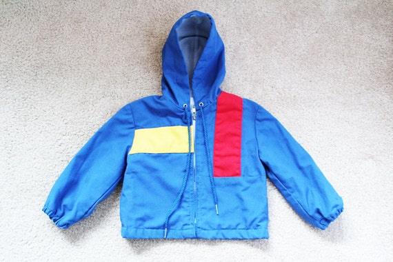 Vintage Baby Blue Red Yellow Color Block Hooded Jacket