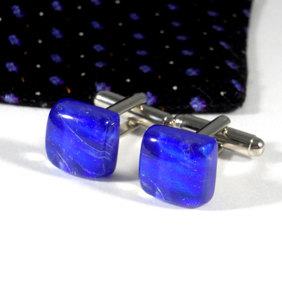 Square Bright Blue and Purple Cufflinks, Fused Dichroic Glass, Guy Husband or Best Man Gift