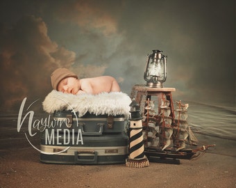 Newborn, Baby, Toddler, Child, Travel Suitcase Photography Digital Backdrop Prop for Photographers - Beach Vacation with Fur Coverup Layer