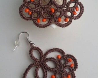 Tatted brown earrings orange beads tatted frivolite chiacchierino lacy colour choice crochet cotton thread