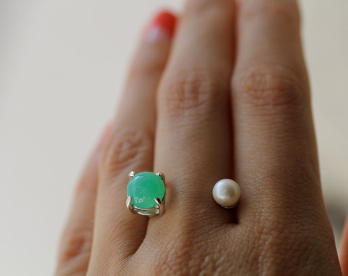 Chrysoprase pearl ring Pearl ring Fashion ring Green ring Natural gemstone ring Open ring Chrysoprase gold ring