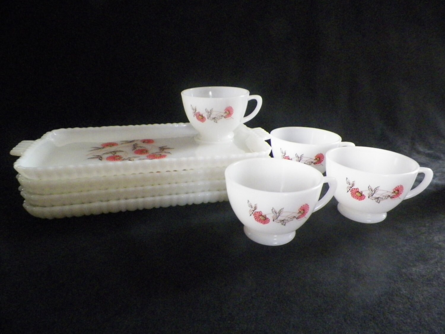 FireKing, “Fleurette” Pattern, White Milk Glass, Snack Set / Hospitality Set / Luncheon Set