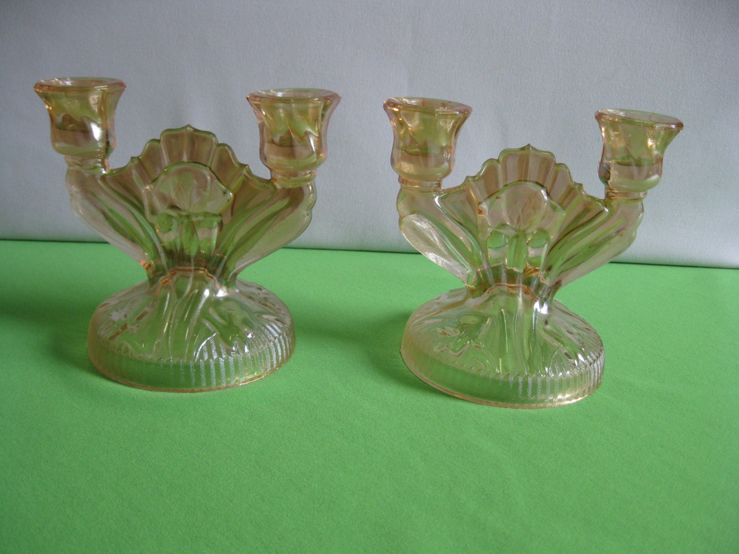 Double Candle Holders Glass Iris and Herringbone