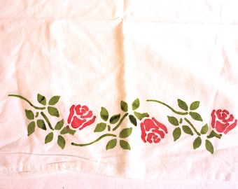 Vintage hand painted floral cotton pillowcase