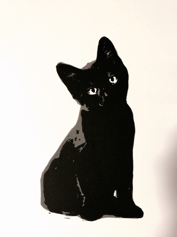 Little Black Cat original linocut print by MissDangerfield on Etsy