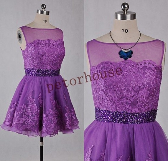 Purple Lace Short Prom Dresses with Peacock by petorhouse on Etsy